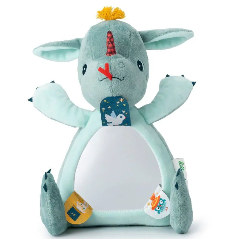 The Lilliputiens I'm Discovering Joe Peekaboo Mirror is a mint green plush unicorn baby toy with a red horn and an orange tuft. It has a belly mirror and colorful animal-design patches on its arms and legs, making it an ideal baby gift or first toy.