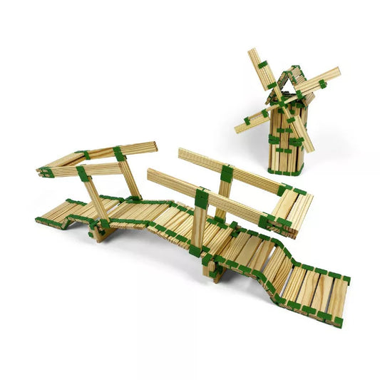 A Join Clips Construction Big Box 400 of wooden bridges, with the option to attach them using join clips, accompanied by a windmill.