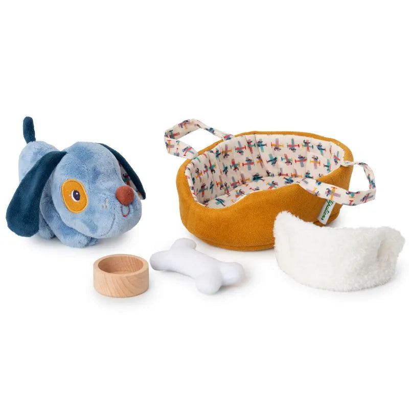 The Lilliputiens I'm Exploring Jules Dog With Basket is a charming dog-themed baby gift set featuring a blue plush dog, yellow basket with patterned handles, bone-shaped toy, wooden ring, and fluffy pad—ideal as baby's first toy collection.