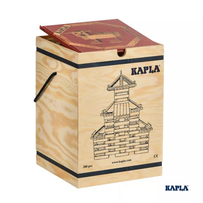 KAPLA® Construction 280 Planks in Wooden Box with a picture of a building on it.