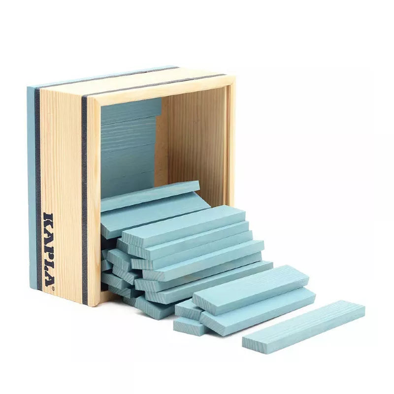 A wooden box with a stack of KAPLA® 40 Coloured Planks Light Blue in it.