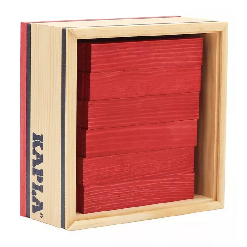 a KAPLA® 40 Coloured Planks Red box with red cards inside of it.