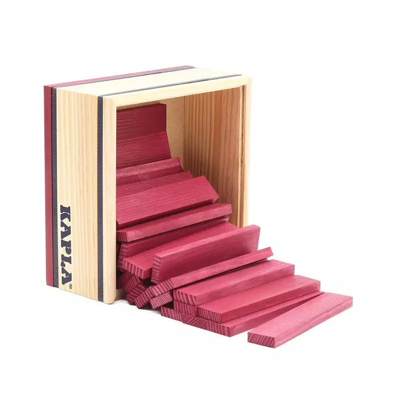 a KAPLA® 40 Coloured Planks Purple box that has a set of stairs inside of it.
