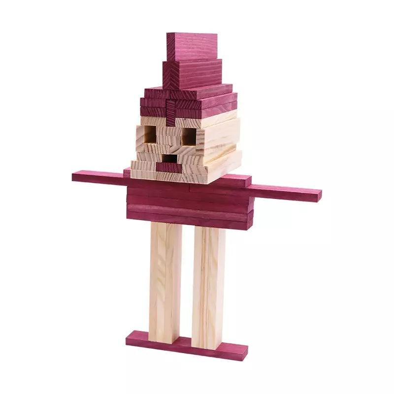 a KAPLA® 40 Coloured Planks Purple sculpture of a person holding a piece of wood.