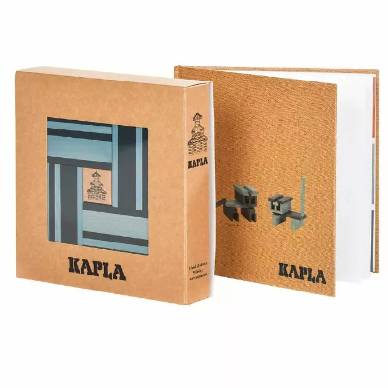 An art book featuring the "KAPLA® 40 Coloured Planks (Light Blue & Dark Blue) and Book" on its cover.