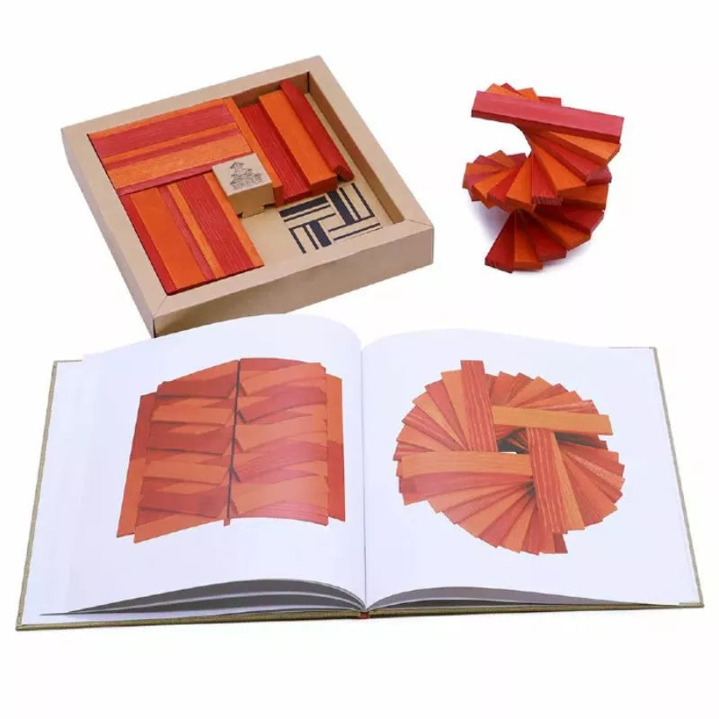 An art book featuring a captivating puzzle made of KAPLA® 40 Coloured Planks (Orange & Red) and Book.