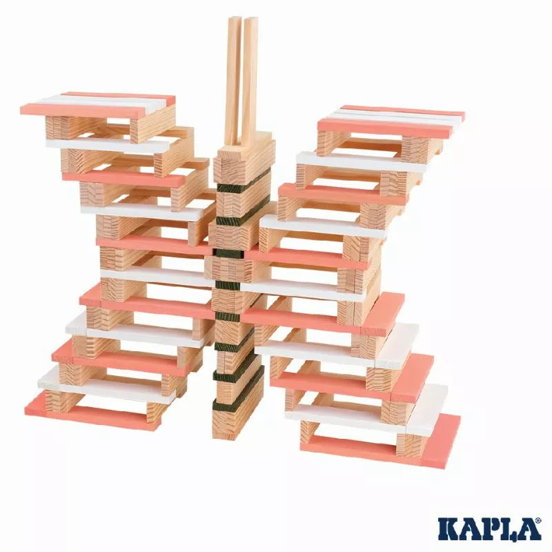 A set of KAPLA® 200 Spring Box planks with a pink and white design.