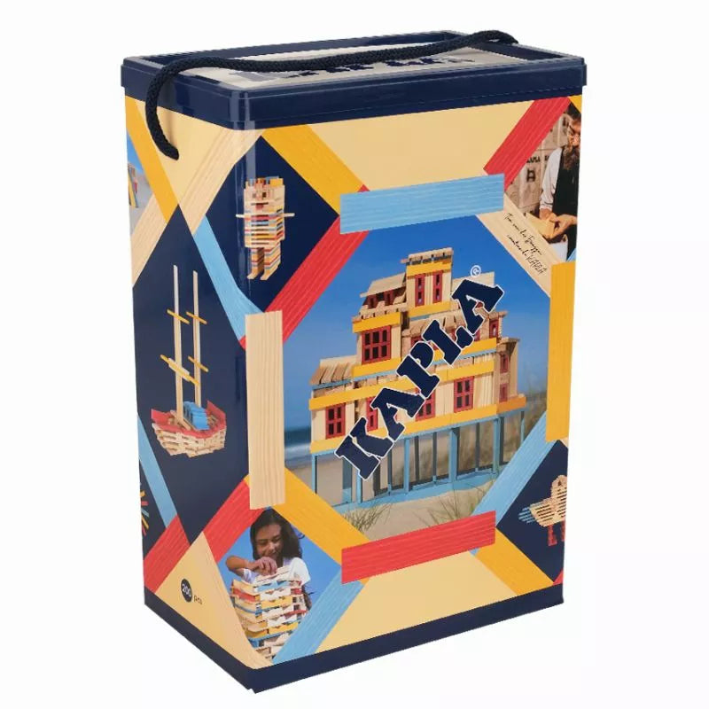 A portable cooler with a nautical theme, featuring illustrations of sailboats, lighthouses, and coastal houses on a KAPLA® 200 Summer Box background.