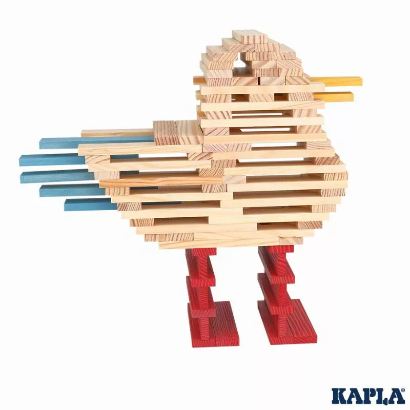 A creative wooden block construction of a bird using the KAPLA® 200 Summer Box, featuring open-ended play through a clever use of colors to highlight different parts of the bird's body.