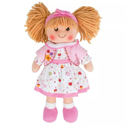 A Bigjigs Kelly Doll Medium with blonde hair wearing a pink dress.