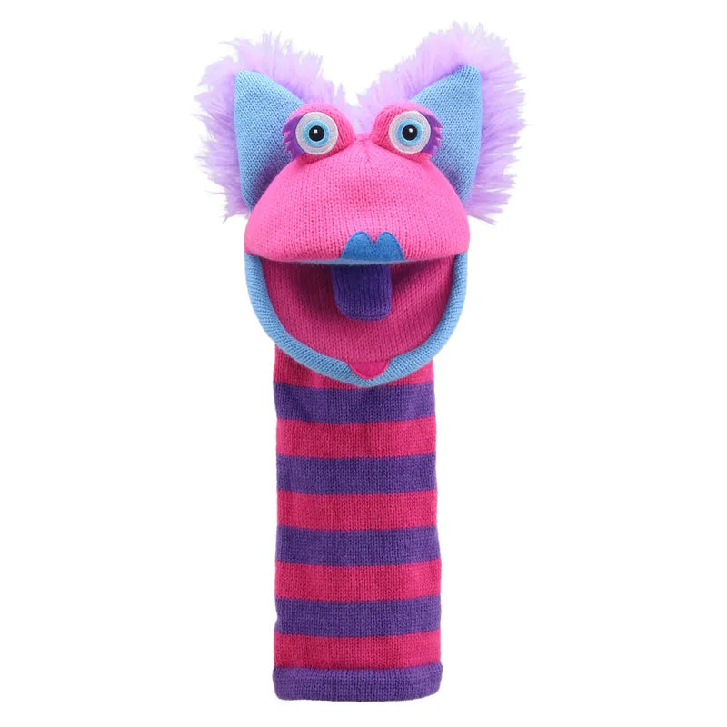 Introducing The Puppet Company Sockette Puppet Kitty, a vibrant and playful hand puppet characterized by its exaggerated features. This delightful puppet boasts bulging eyes, a wide-open mouth with a dangling pink tongue, and fuzzy purple and blue ears. Its sock body is adorned with horizontal stripes in pink and purple, making it an enchanting addition to any playtime adventure.