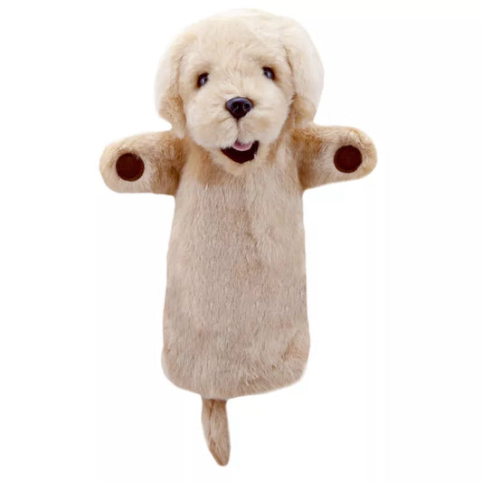 A high quality long sleeved hand puppet dog with a working mouth on a white background: The Puppet Company Long Sleeved Puppet Labrador.