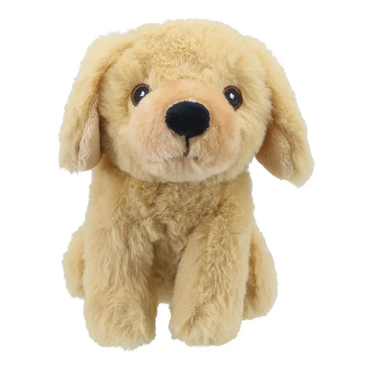 The Wilberry Eco Mini Labrador is a soft, light brown plush toy with floppy ears and a round black nose, made from eco-friendly recycled materials. It sits facing forward against a plain white background.