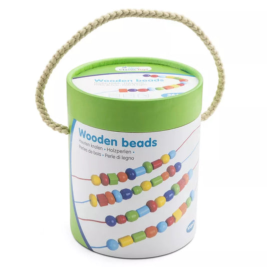 A green and white New Classic Toys Lacing Beads container with a rope on top of it.
