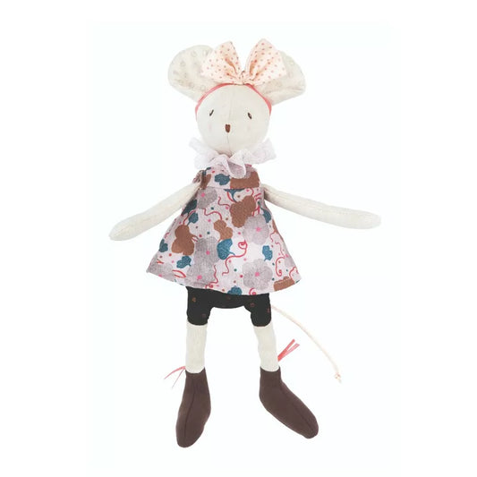 A Moulin Roty Lala the Mouse wearing a dress and boots.