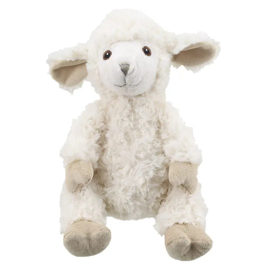 The Wilberry Classic Soft Lamb is an eco-friendly plush toy featuring soft, curly white fur and beige details, with round black eyes—made from recycled materials and shown sitting upright against a white background.