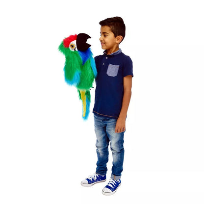 A Large Bird Hand Puppet, shaped like a Military Macaw, mouth moving. Large enough for children and adults to play with.