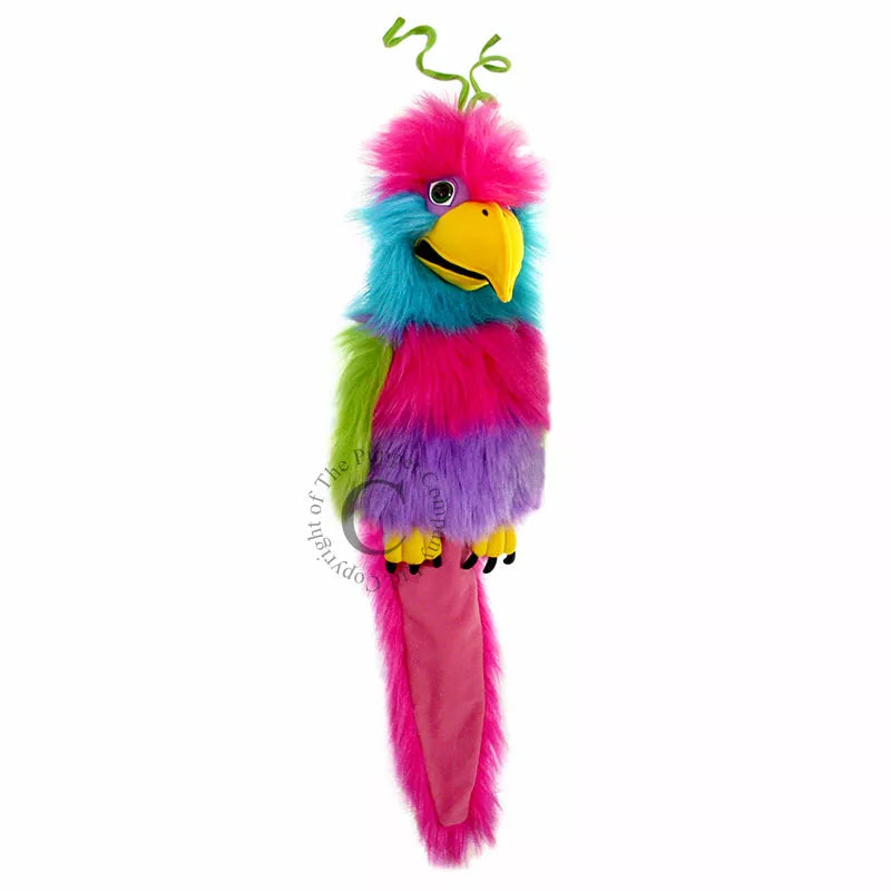 A Large Bird Hand Puppet, shaped like a Bird of Paradise, mouth moving. Large enough for children and adults to play with.
