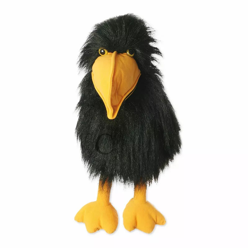 A Large Bird Hand Puppet, shaped like a Black Crow, mouth moving. Large enough for children and adults to play with.