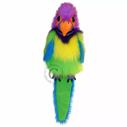 A Large Bird Hand Puppet, shaped like a Plum-Headed Parakeet, mouth moving. Large enough for children and adults to play with.