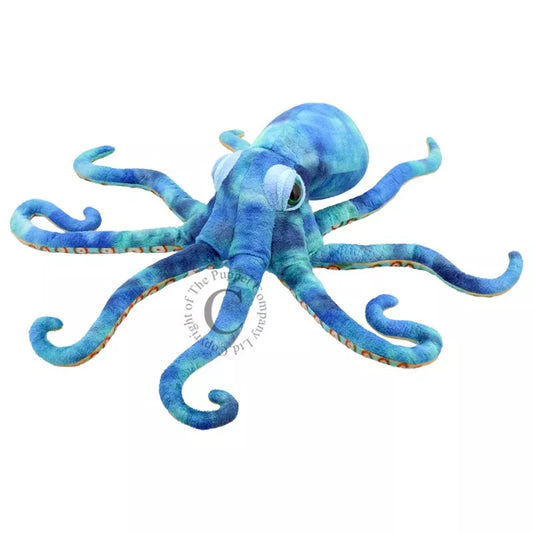 A Large Hand Puppet in the shape of an Octopus .Its body, head and tentacles are blue and white. It is 55cm.