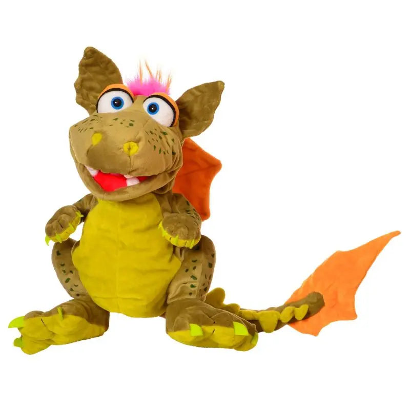 Rocco The Dragon Hand Puppet features a green and yellow body, orange wings and tail, blue eyes, pink and orange hair tufts, and a wide open mouth with a red tongue—perfect as a children’s toy or interactive hand puppet.