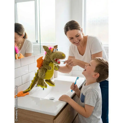 A woman and a young boy smile while brushing their teeth at a bathroom sink. The woman uses Rocco The Dragon Hand Puppet with a toothbrush to entertain the child as he holds his own toothbrush.