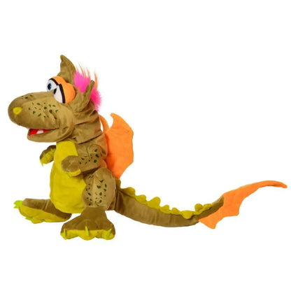 Rocco The Dragon Hand Puppet, with a brown and yellow body, green spots, orange wings and tail, and pink hair on its head, sits upright against a white background—a delightful toy for imaginative play.