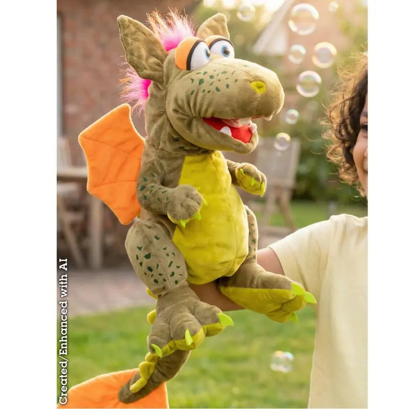 A person holds Rocco The Dragon Hand Puppet—featuring orange wings, pink hair, and big eyes—outdoors as bubbles float by, creating a playful children’s toy scene.