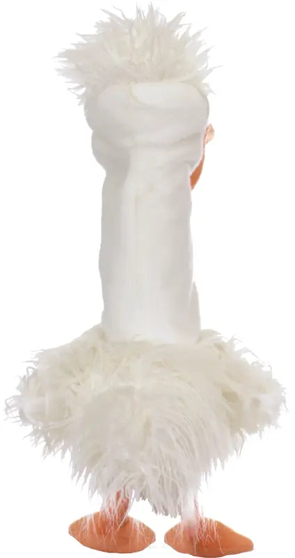 Gundula the Goose Hand Puppet is a white plush puppet with fluffy feathers and two orange feet, shown from the back—perfect for puppet shows and imaginative play.