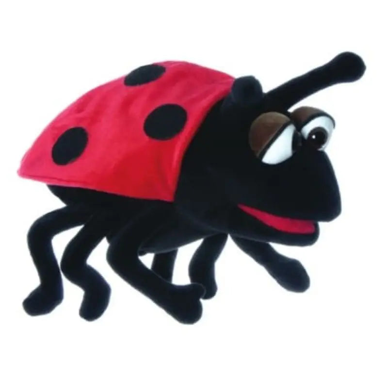 Hubi The Ladybird Hand Puppet features a plush red shell with black spots, black legs, big eyes, and an open pink mouth—ideal for nature lovers or storytelling—shown against a white background.