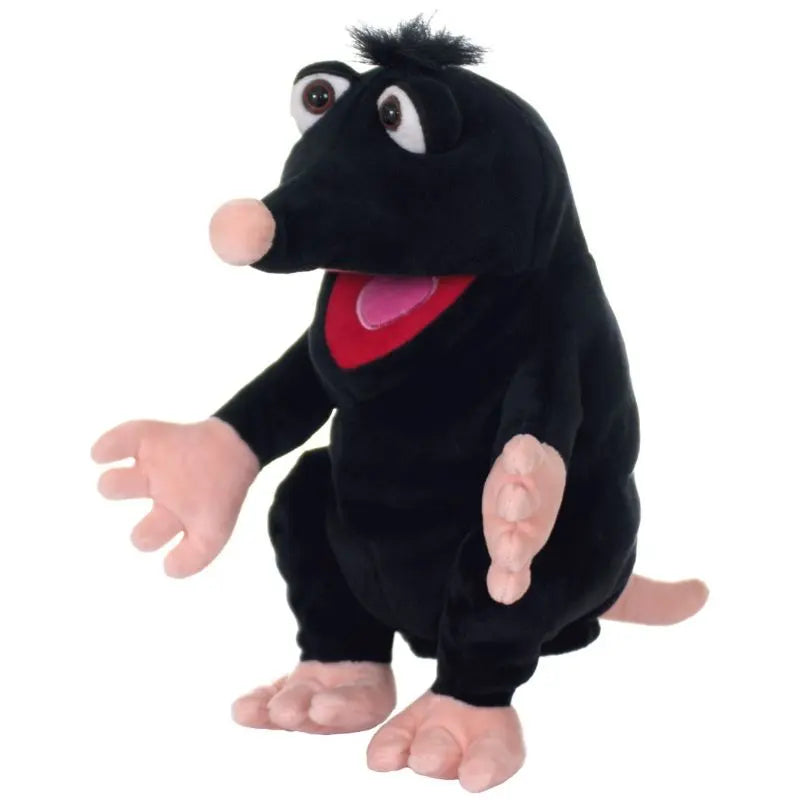 Schwups The Mole Hand Puppet features a plush black body, large nose, pink hands and feet, a wide red-lined mouth, and expressive upward-looking eyes—ideal for animal puppet shows.
