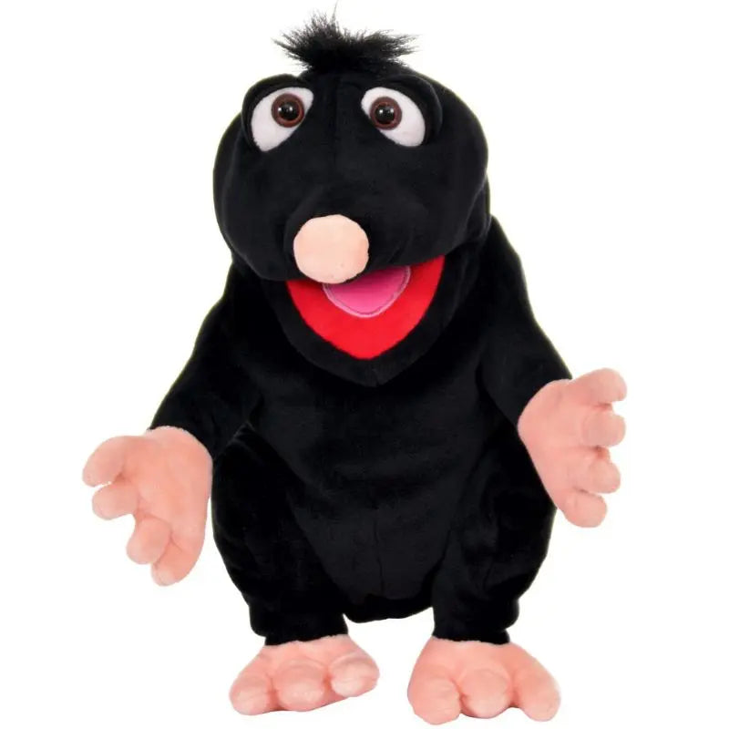 Schwups The Mole Hand Puppet is a plush animal puppet featuring a friendly black mole with large eyes, a round pink nose, an open red mouth, and oversized pink hands and feet, shown standing upright against a white background.