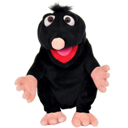 Schwups The Mole Hand Puppet is a plush animal puppet featuring a friendly black mole with large eyes, a round pink nose, an open red mouth, and oversized pink hands and feet, shown standing upright against a white background.