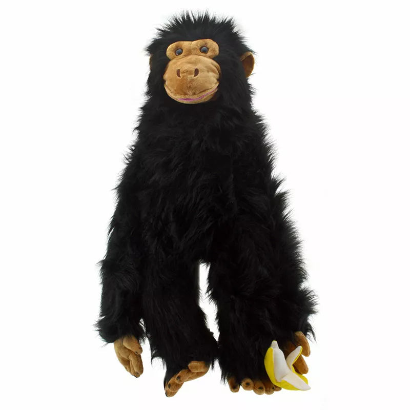 A 74 cm tall large Mouth Moving Hand Puppet with a fully body of a chimp. It is a black with a banana velcroed to its hand.