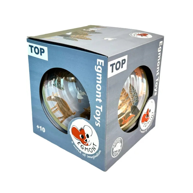 A box of Large Spinning Top Countryside by Egmont Toys showcases a kaleidoscope design that harks back to vintage tin toys. Circular windows display illustrations of animals and landscapes, while the packaging is mainly gray, adorned with a red and white logo, and marked with "TOP" on the sides to enhance its sensory appeal.