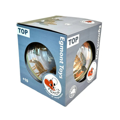 A box of Large Spinning Top Countryside by Egmont Toys showcases a kaleidoscope design that harks back to vintage tin toys. Circular windows display illustrations of animals and landscapes, while the packaging is mainly gray, adorned with a red and white logo, and marked with "TOP" on the sides to enhance its sensory appeal.