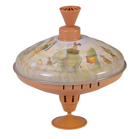 The Large Spinning Top Noah's Ark showcases enchanting illustrations of animals reminiscent of Noah's Ark, such as elephants and lions. Its vintage-style design is primarily orange and features a handle at the top for effortless spinning.