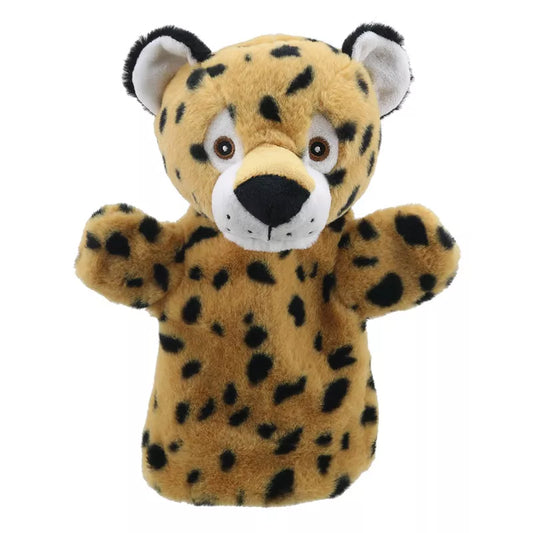 An ECO Puppet Buddies Leopard Hand Puppet made from recycled materials on a white background.