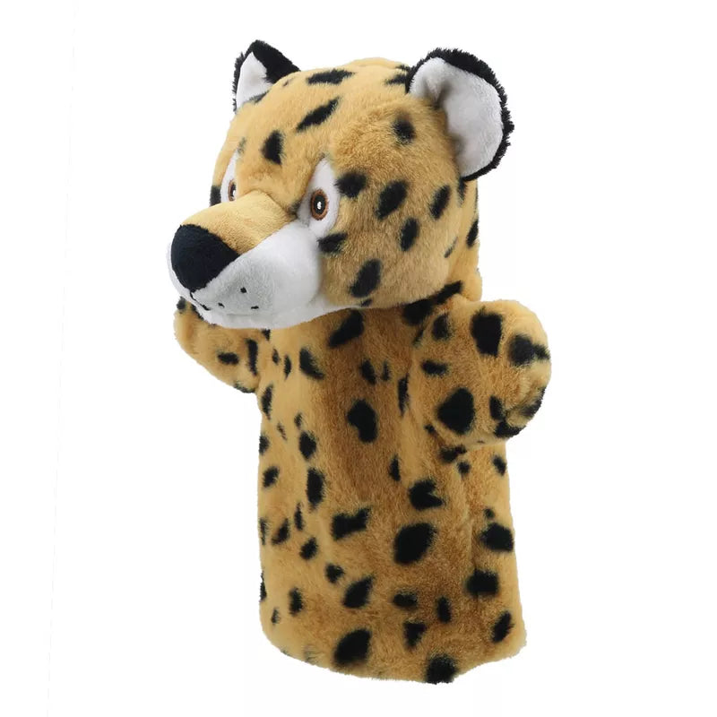 An ECO Puppet Buddies Leopard Hand Puppet, made from recycled materials, displayed on a white background.
