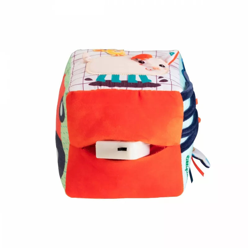 a small Lilliputiens Farm Activity Sound Cube backpack with a cat on it.