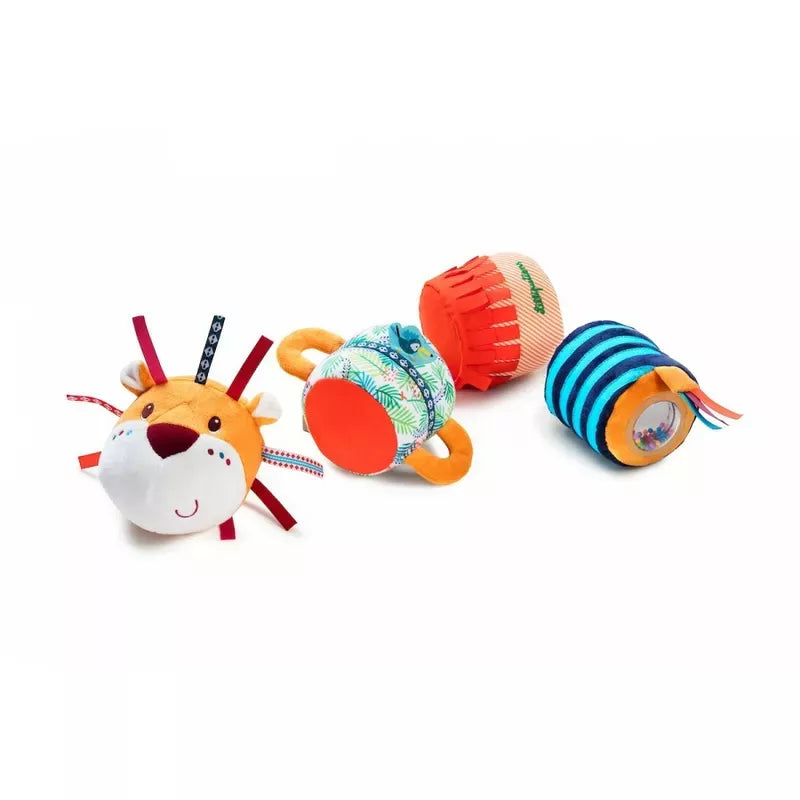 A playful set of Lilliputiens Jack Sound Roll with different textures and patterns, including a smiling lion entertainer, designed to stimulate sensory development in infants.