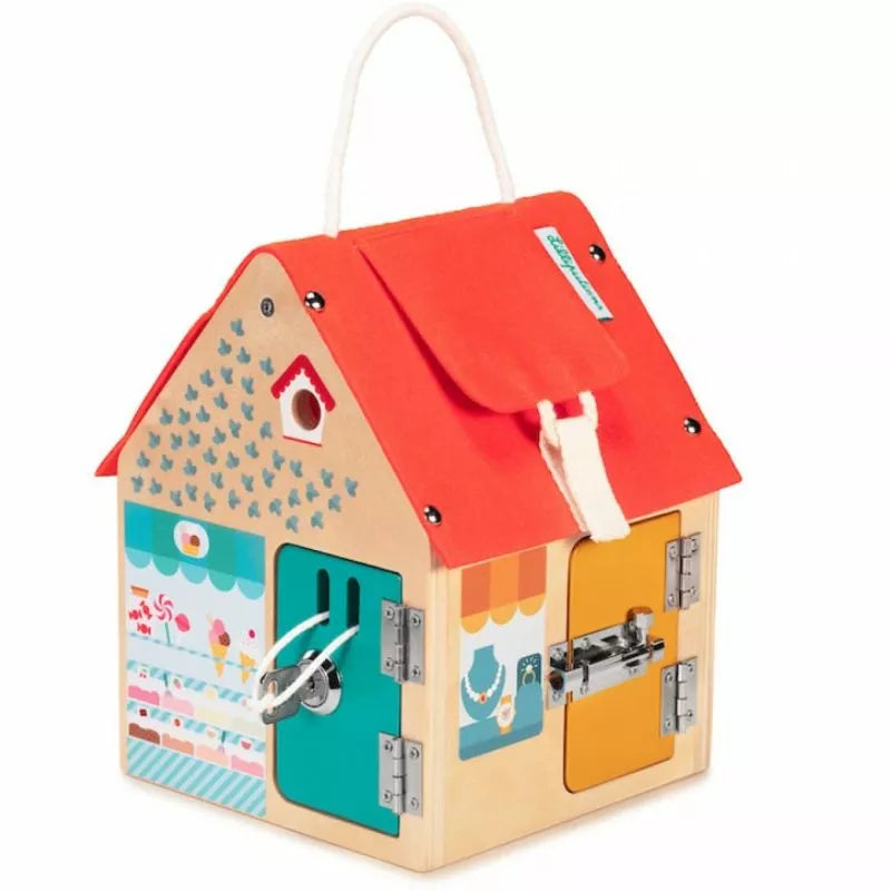 A Lilliputiens Learning House Multi-Locks Activity with a door that locks, perfect for developing fine motor skills.