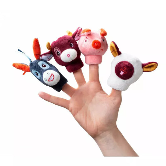 A hand showcasing four Lilliputiens Farm Finger Puppets representing cute farm-themed animals, against a white background.