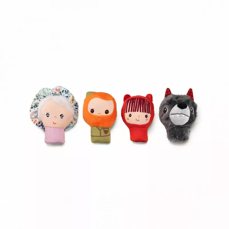 Four cute and colorful Lilliputiens Little Red Riding Hood fairytale finger puppets with different characters lined up against a white background.