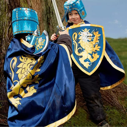 Two children dressed as knights and holding Liontouch Noble Knight Capes.