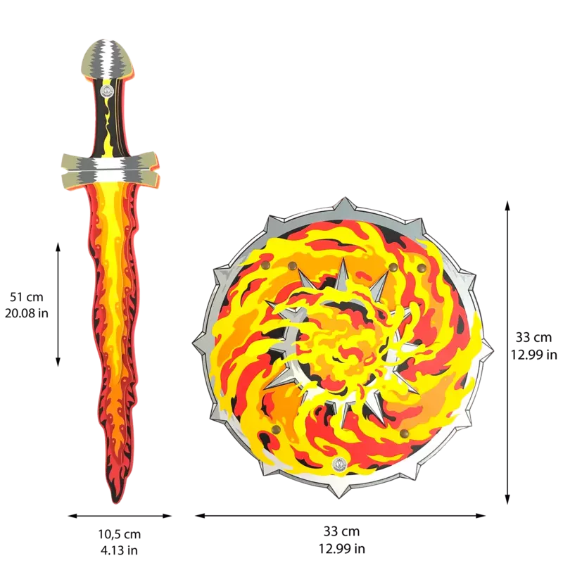 a Liontouch Flame Set Sword & Shield with flames on it.