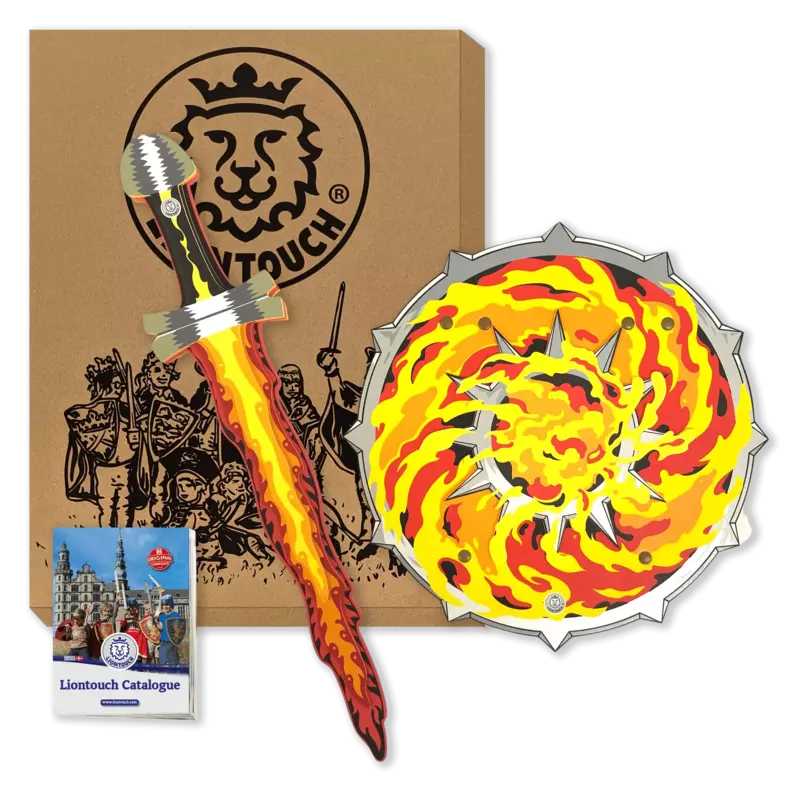 a Liontouch Flame Set Sword & Shield in a box with a flame on it.