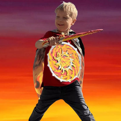 a young boy wearing a Liontouch Flame Shield and holding a sword.
