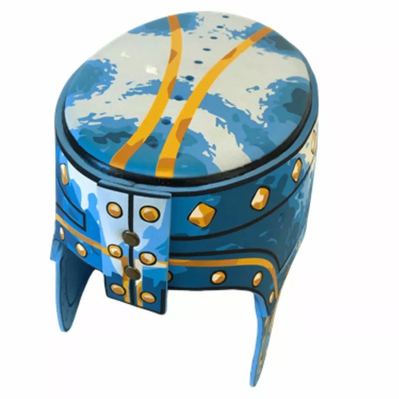 A blue and gold box with a lid on it, designed to safely store a Liontouch Noble Knight Helmet.
